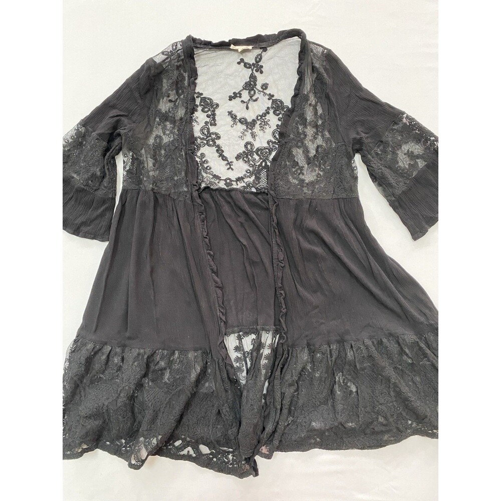 Easel Black Lace Mesh Embroidered Boho Kimono Cardigan Top Women's Large